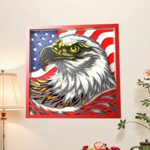 Patriotic eagle art with American flag background in red frame.
