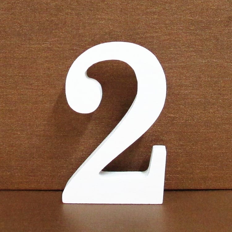 White wooden number 2, perfect for crafts, decor, or house numbering.