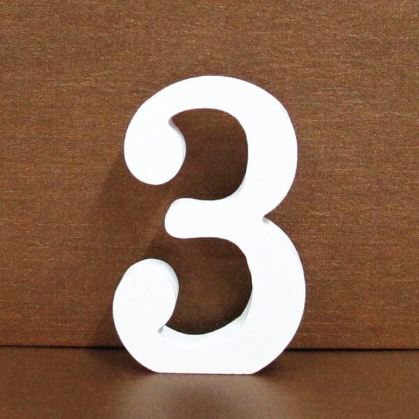 White wooden number 3 with a cursive font style.