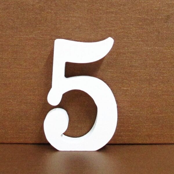 White decorative number 5. Freestanding numeral for crafts or home decor.