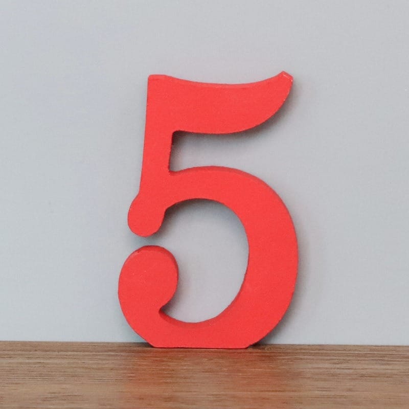 Red wooden number 5. Decorative number for crafts or home decor.