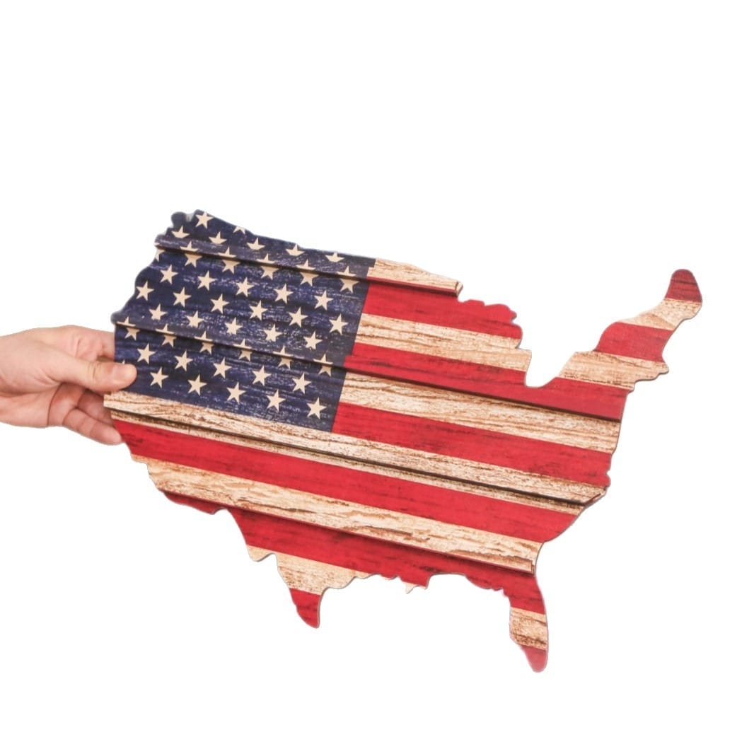 Custom Wooden US Flags Badge & Coin Display Rack shaped like the USA. Rustic American flag keepsake organizer.
