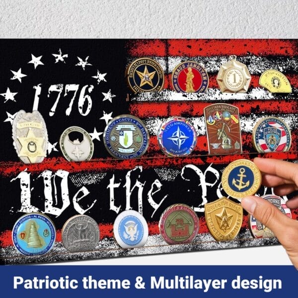 Custom Wooden US Flags Badge & Coin Display Rack: Rustic American flag keepsake organizer for badges and coins.