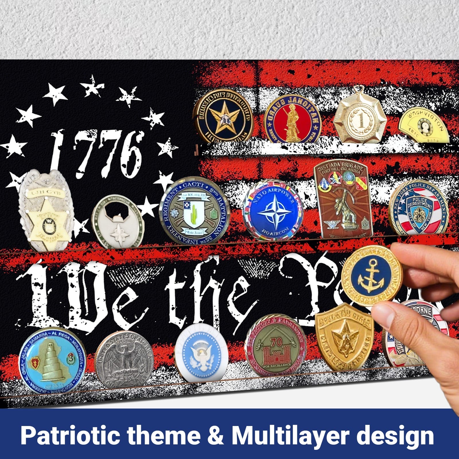 Custom Wooden US Flags Badge & Coin Display Rack: Rustic American flag keepsake organizer for badges and coins.