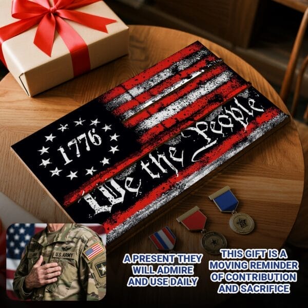 Custom Wooden US Flags Badge & Coin Display Rack: Rustic American flag keepsake organizer for coins and badges.