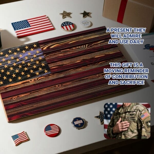 Custom Wooden US Flags Badge & Coin Display Rack: Rustic American flag keepsake organizer for badges and coins.