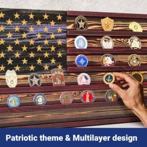 Custom Wooden US Flags Badge & Coin Display Rack: Rustic American flag keepsake organizer for displaying badges and coins.