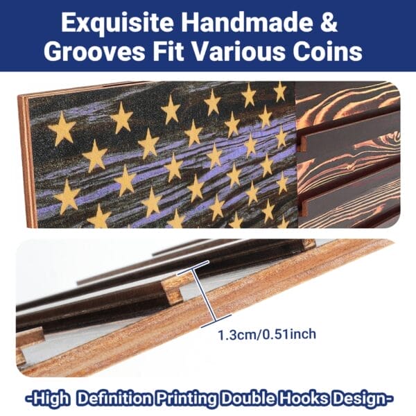 Custom Wooden US Flags Badge & Coin Display Rack: Rustic American flag keepsake organizer with coin grooves.