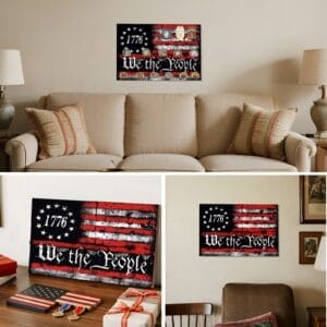 Custom Wooden US Flags Badge & Coin Display Rack: Rustic American flag "We the People" keepsake organizer.