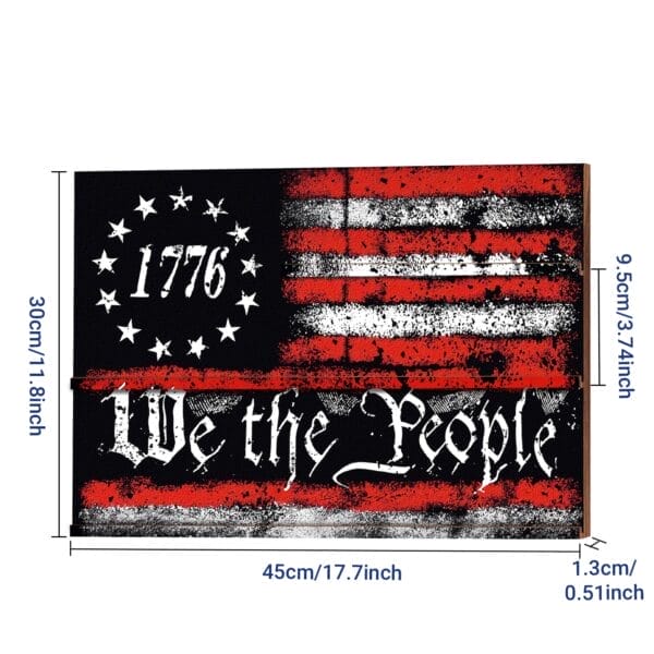 Rustic wooden US flag display rack with "1776" and "We the People" design. Ideal wooden US flags keepsake organizer.