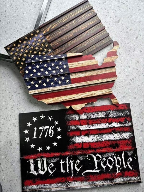 Custom Wooden US Flags: Rustic American flag display, "We the People" sign, patriotic keepsake organizer.