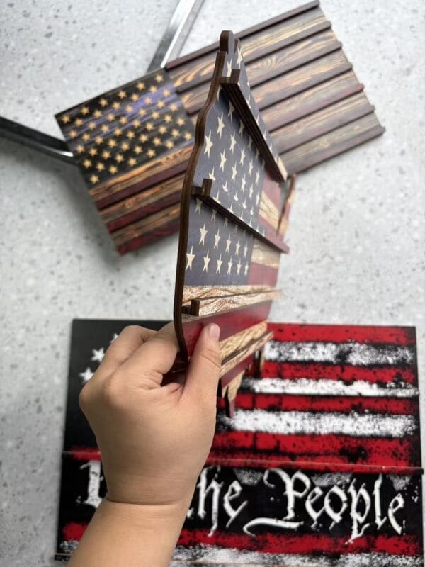 Custom Wooden US Flags Badge & Coin Display Rack: Rustic American flag keepsake organizer.