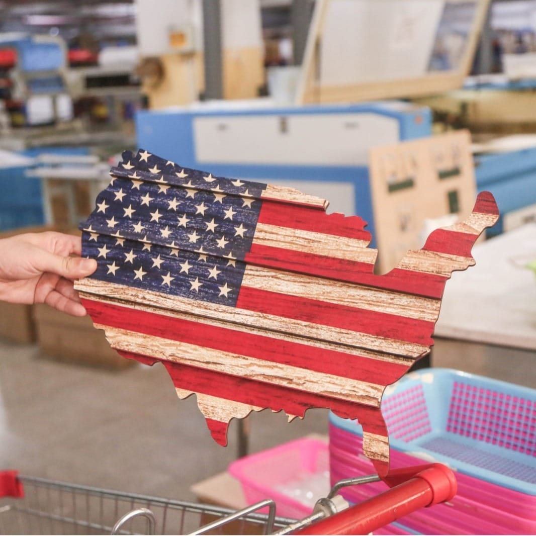 Custom Wooden US Flags Badge & Coin Display Rack: Rustic American flag in US map shape.
