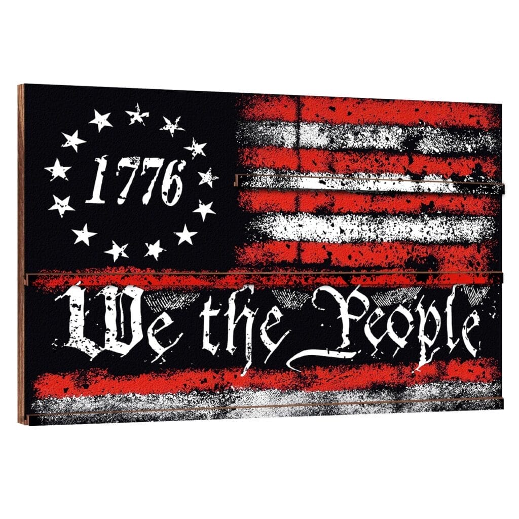 Rustic American Flag Keepsake Organizer: Wooden US flag display with '1776' and 'We the People' design.