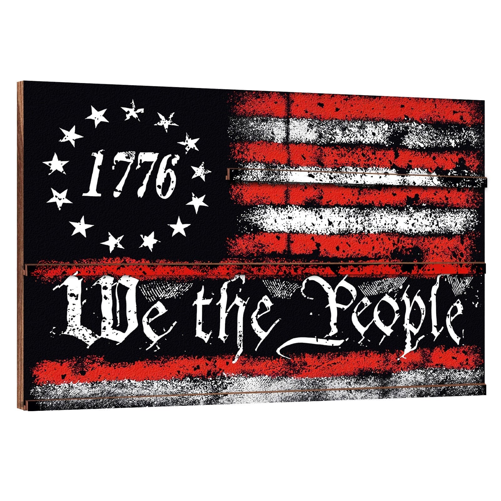 Rustic American Flag Keepsake Organizer: Wooden US flag display with '1776' and 'We the People' design.