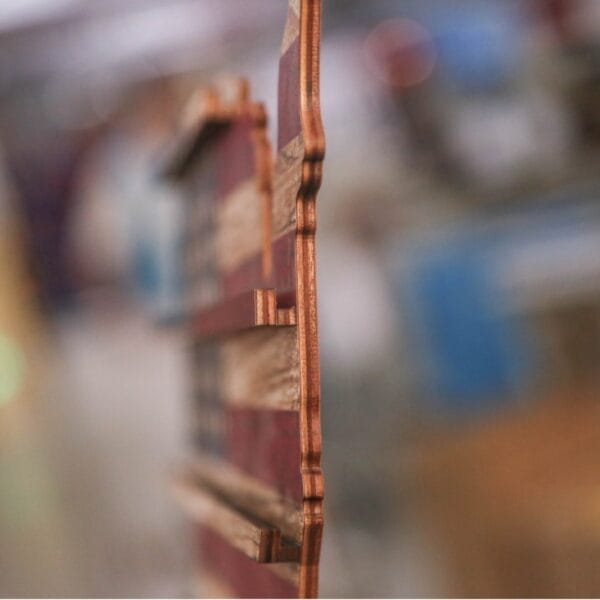 Custom Wooden US Flags Badge & Coin Display Rack: Rustic wooden US flags keepsake organizer.
