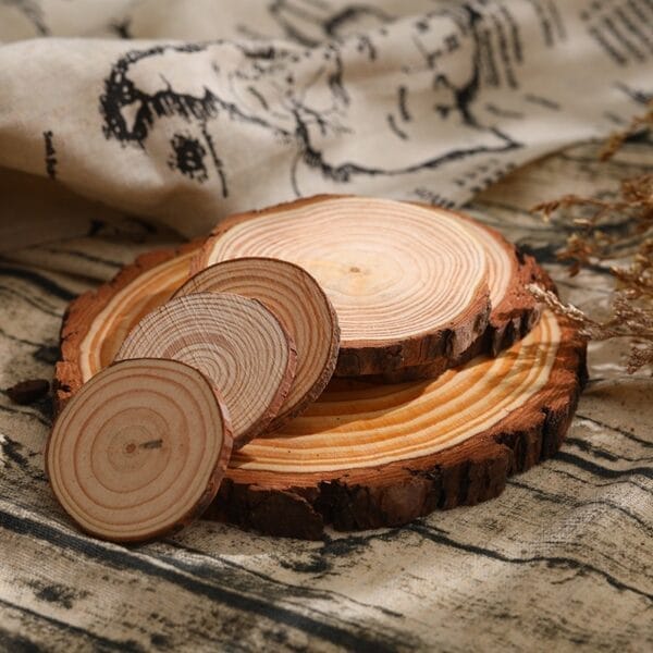 Stack of natural wood slices, varying sizes, showing tree rings and bark texture
