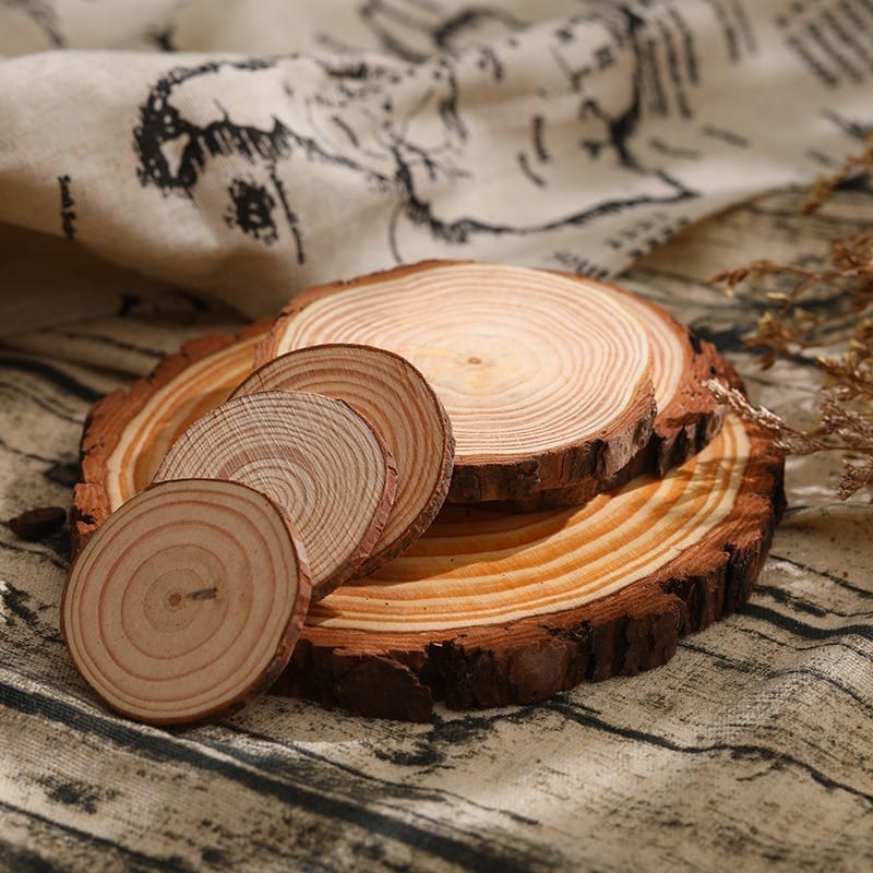 Stack of natural wood slices, varying sizes, showing tree rings and bark texture