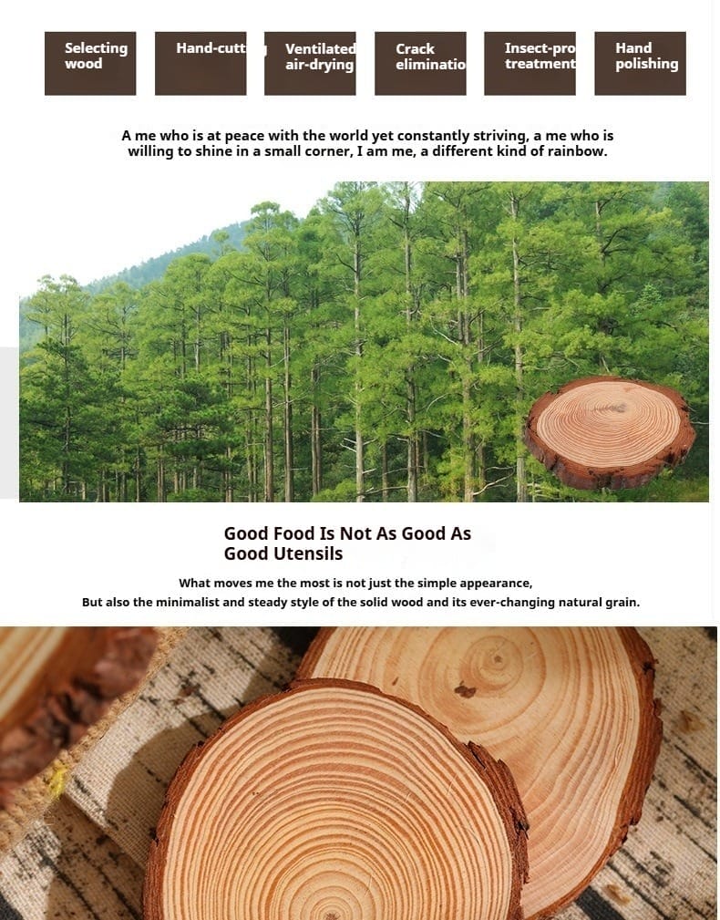 Natural wood slices showing grain, cut, and polished finish. Crafted for good food and utensils.