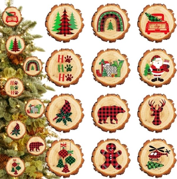 Rustic Christmas Wood Slice Ornaments: Bulk vintage plaid holiday tree decorations featuring classic festive designs.