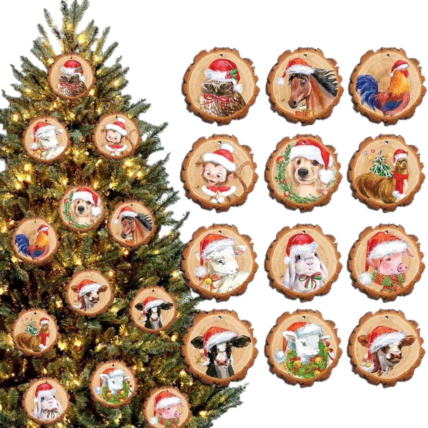 Rustic Christmas Wood Slice Ornaments: Vintage plaid holiday tree decorations featuring animals in Santa hats.