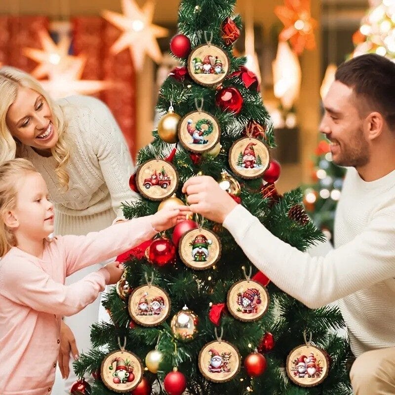 Family decorates tree with Rustic Christmas Wood Slice Ornaments: Vintage Plaid Holiday Tree Decorations