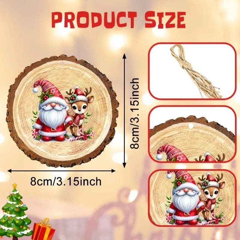 Rustic Christmas Wood Slice Ornaments: Vintage plaid holiday tree decorations featuring a gnome and reindeer design.
