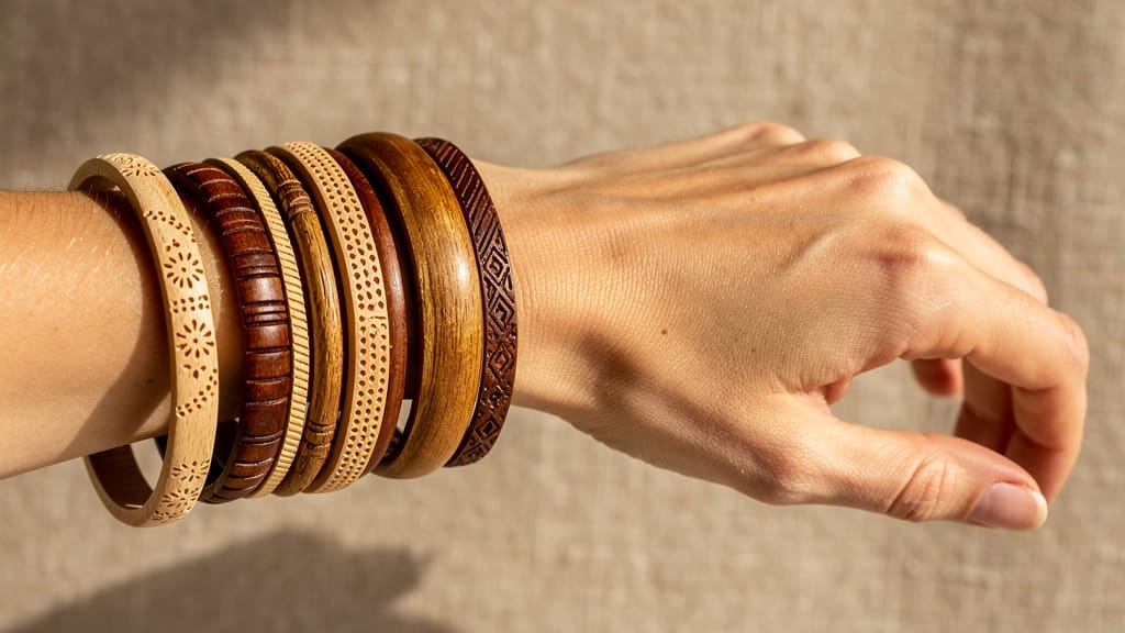 Hand wearing stacked wooden bangles in varying shades and carved designs.