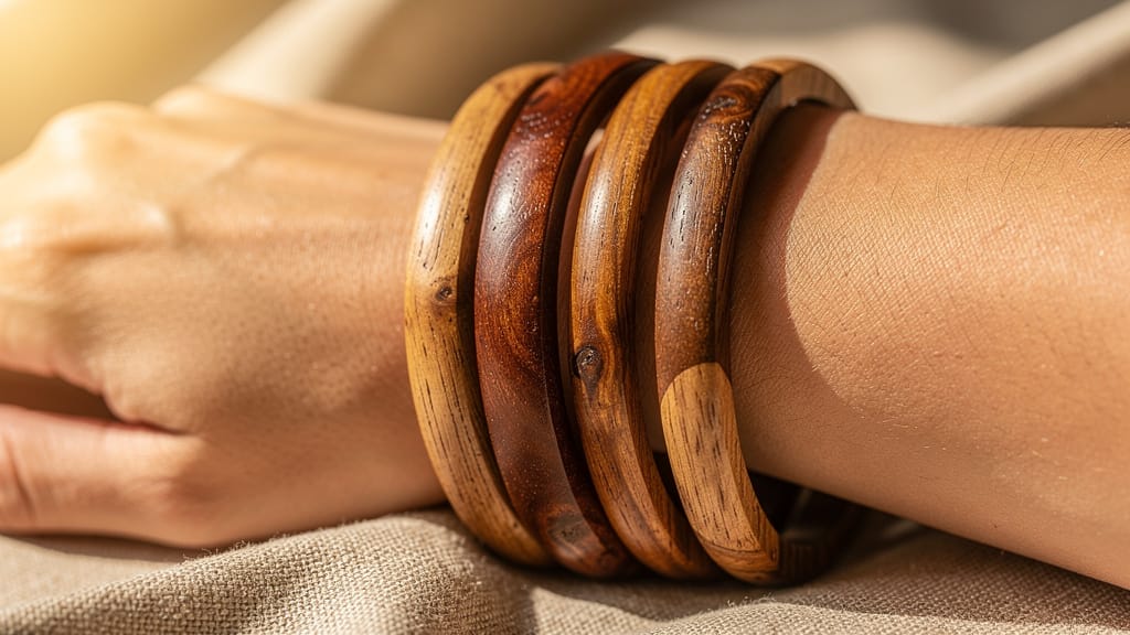 Wooden bangles on a wrist. Style wooden bangles for sustainable fashion.