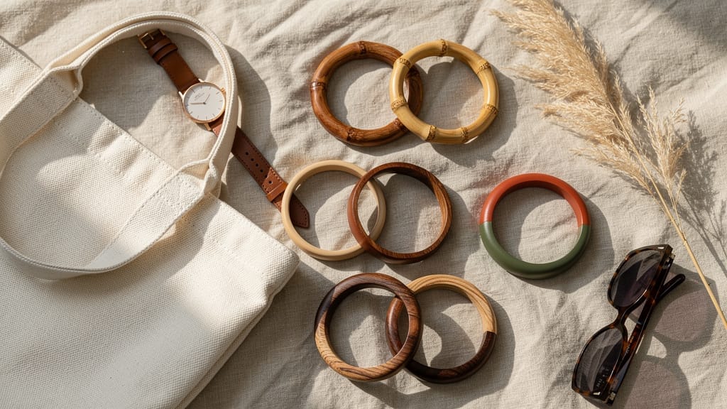 Wooden bangles, tote bag, watch, sunglasses, and pampas grass styled on a beige cloth. Sustainable fashion guide.
