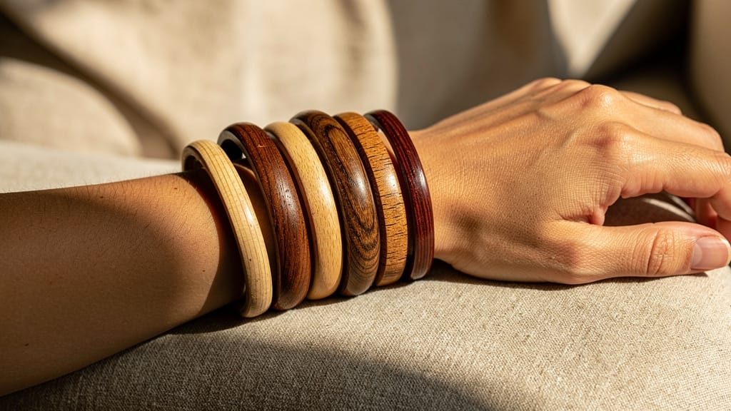 Arm wearing multiple wooden bangles in varying shades of wood. How to style wooden bangles