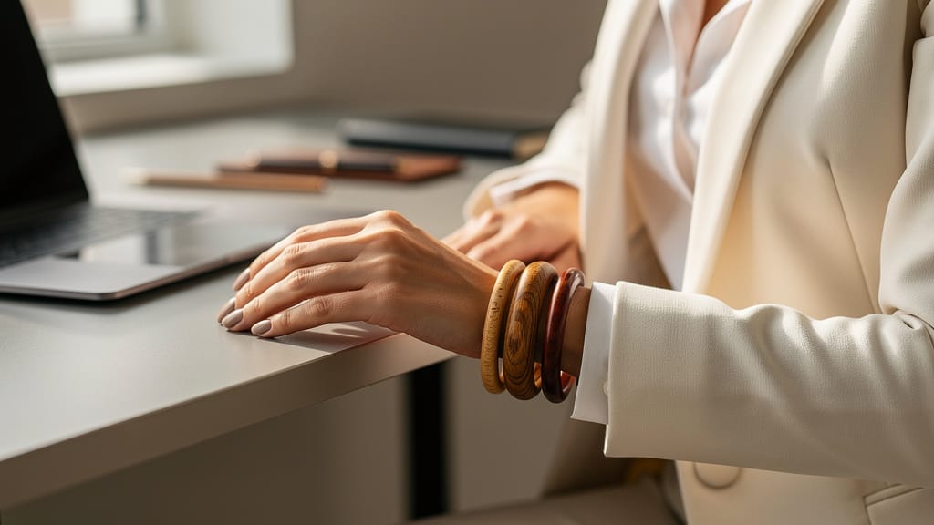 Woman's hands with wooden bangles on desk with laptop. Styling wooden bangles for sustainable fashion.