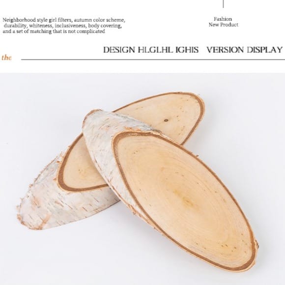 Oval wood slices with bark edges, natural wood grain, rustic decor