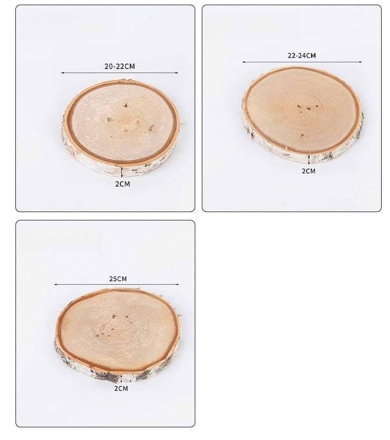 Three rustic wooden tree slices, varying from 20cm to 25cm in diameter, ideal for crafts or rustic decor.