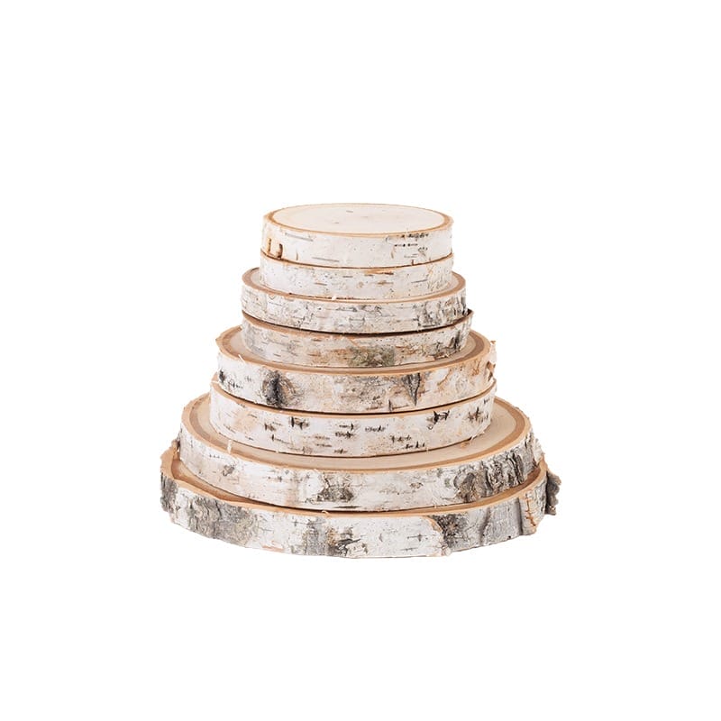 Stack of natural birch wood slices, craft supplies