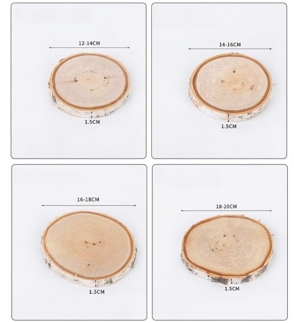 Wooden tree slices with bark, sizes ranging from 12-14cm to 18-20cm, each 1.5cm thick.