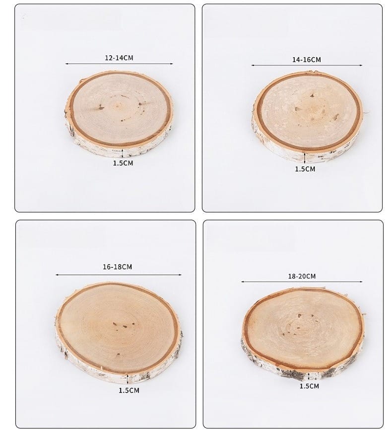 Wooden tree slices with bark, sizes ranging from 12-14cm to 18-20cm, each 1.5cm thick.