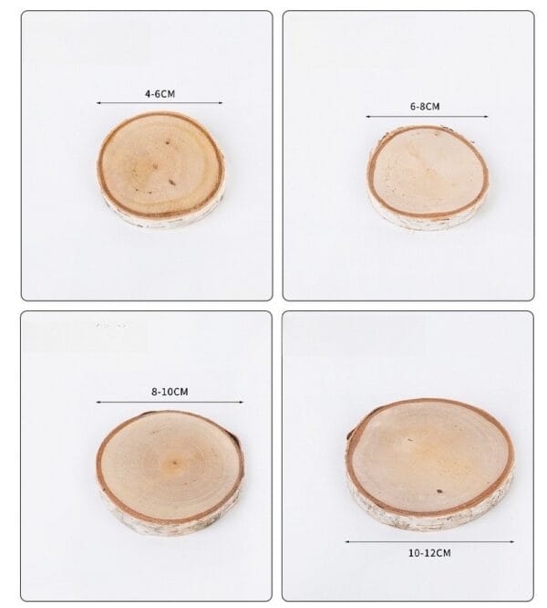 Four natural wood slices, varying sizes (4-12cm), with bark edges for rustic decor
