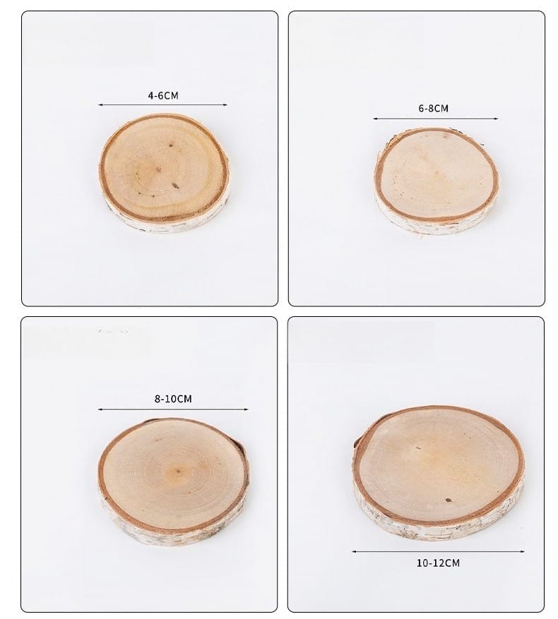 Four natural wood slices, varying sizes (4-12cm), with bark edges for rustic decor