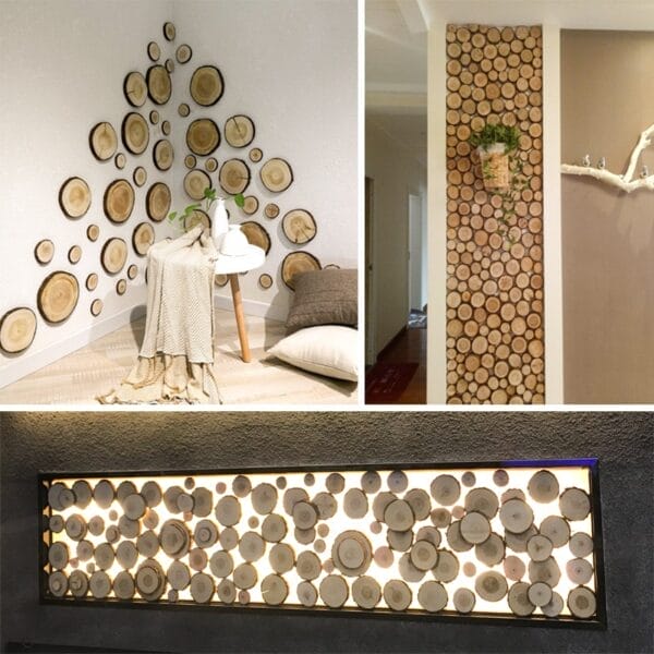 Wood slice wall art: corner arrangement, vertical panel with planter, and backlit wood panel