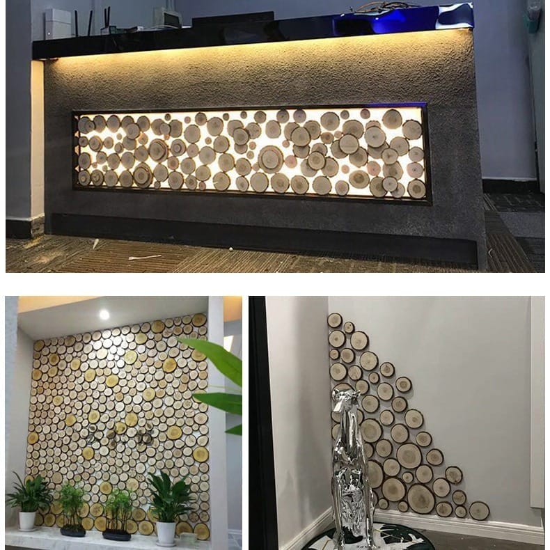 Wood slice wall decor, rustic design. Unique accent for home or business interiors.