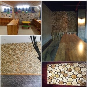 AUTO-DRAFT: Wood slice wall decor collage showcasing rustic designs and textures.