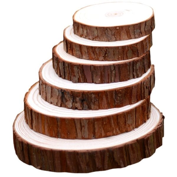 Stack of natural wood slices with bark edges, ideal for rustic decor or crafts