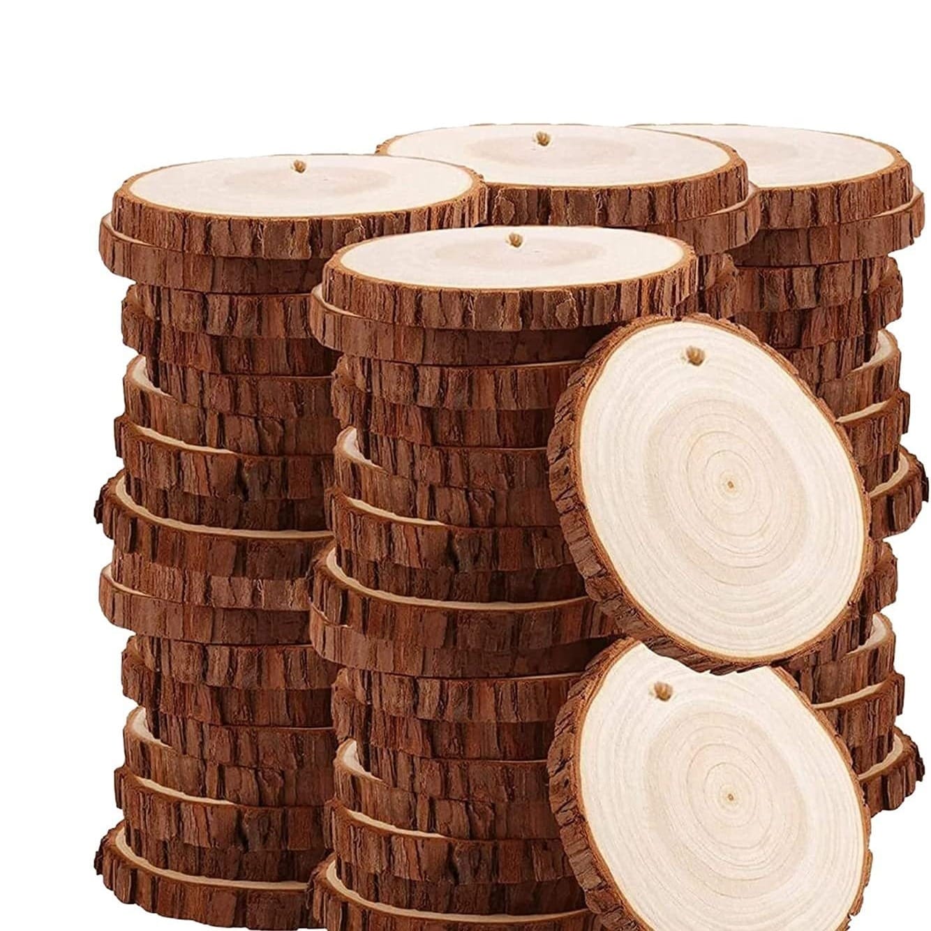 Wooden slices with bark, pre-drilled hole for crafts and decorations.