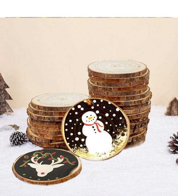DIY Pine Wood Slice Ornaments: 6-7cm natural wood slices for crafts and events, featuring painted snowman and reindeer designs.