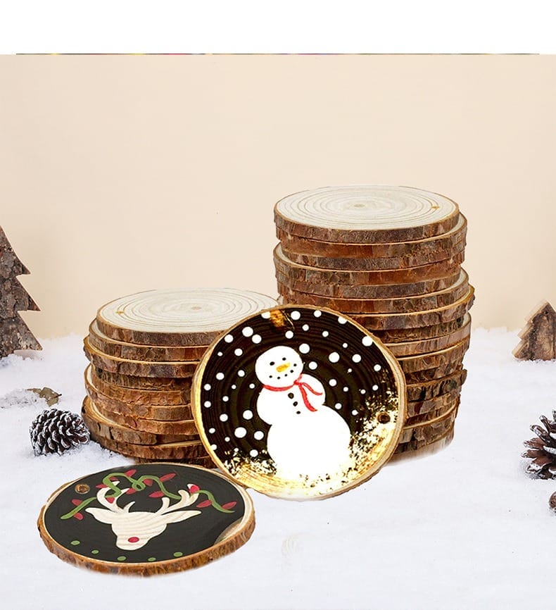 DIY Pine Wood Slice Ornaments: 6-7cm natural wood slices for crafts and events, featuring painted snowman and reindeer designs.