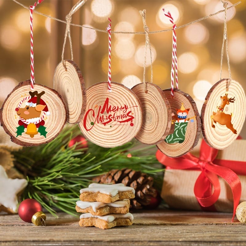 Pine Wood Slice Ornaments: 6-7cm DIY natural slices for Christmas crafts & events, displayed with festive decorations.