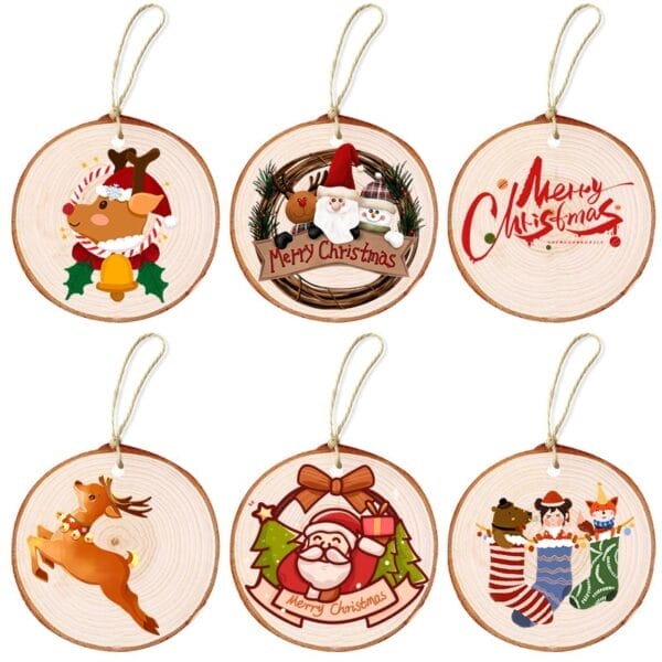 Pine Wood Slice Ornaments: 6-7cm DIY natural slices with Christmas designs for crafts & events.