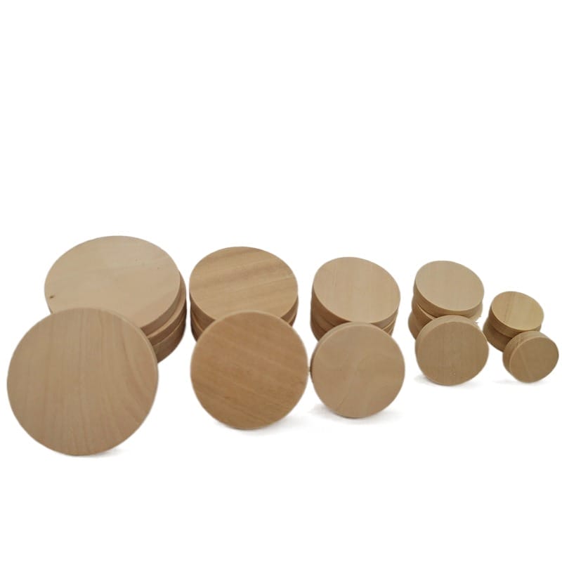 Unfinished wooden circles in various sizes, perfect for crafts and DIY projects.