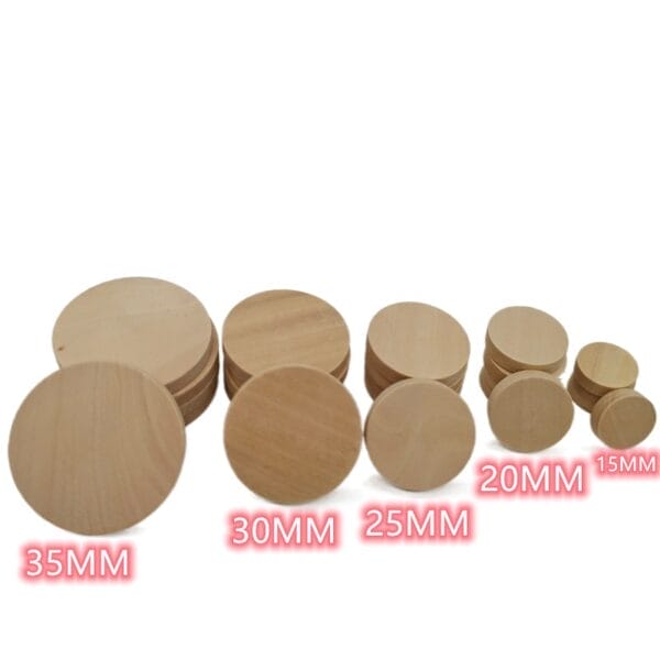 Wooden circles of varying sizes: 35mm, 30mm, 25mm, 20mm, and 15mm diameter